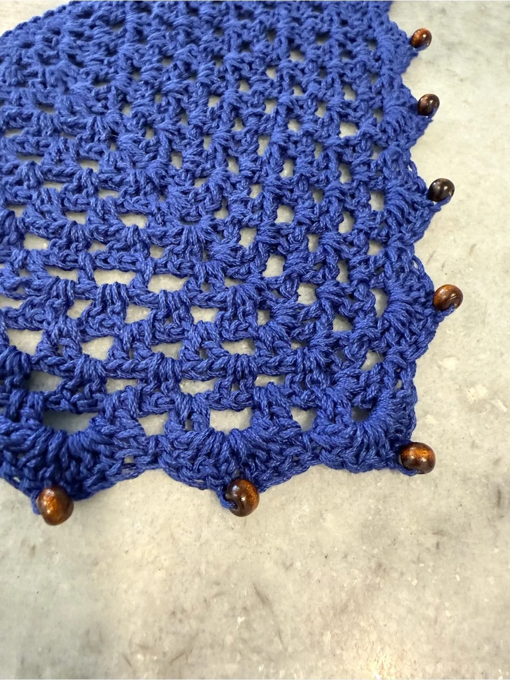 Handmade Crochet Wood Beaded Kerchief Head Scarf Cotton Boho Bandana Cottagecore